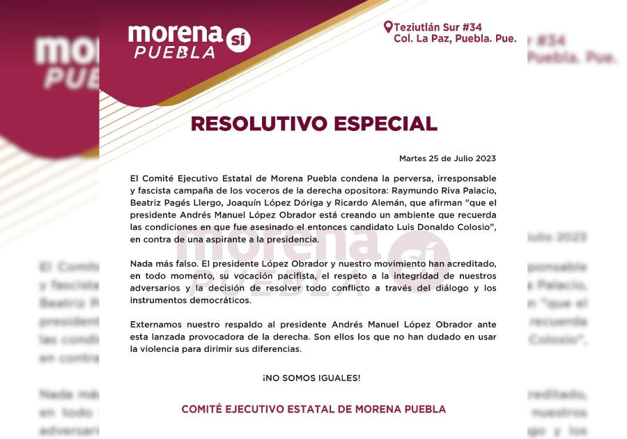 Condena Morena Puebla analogía del México actual con violencia de 1994