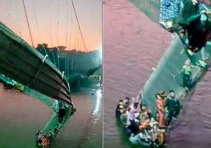 Colapsa puente colgante en India, hay al menos 40 muertos