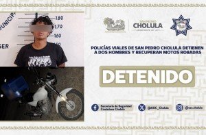 Policía de San Pedro Cholula detiene a dos hombres y recuperan motos robadas