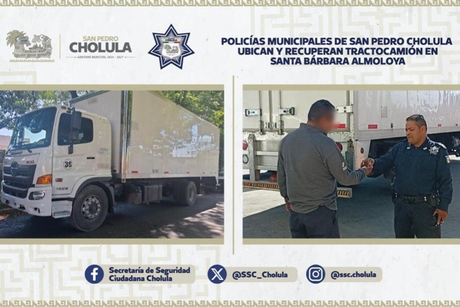 Policías Municipales de San Pedro Cholula ubican y recuperan tractocamión en Santa Bárbara Almoloya