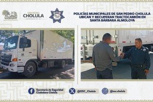 Policías Municipales de San Pedro Cholula ubican y recuperan tractocamión en Santa Bárbara Almoloya