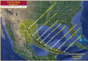 Se degrada huracán Beryl a categoría 2 mientras se desplaza hacia la Península de Yucatán