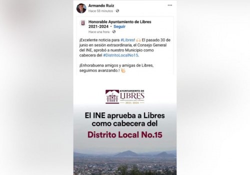 Será municipio de Libres cabecera distrital local y federal