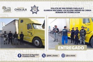 Policía de San Pedro Cholula y Guardia Nacional localizan unidad de carga robada en Texmelucan