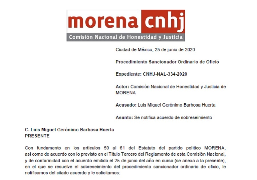 Desecha Morena proceso contra Barbosa por declaración sobre desapariciones